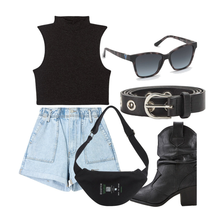 Outfit donna - Ghost outfitter - aprile. Stile Urban per Tutti i giorni. Abbinamento con stivaletti texani, shorts, marsupi, cinture, top, occhiali da sole.