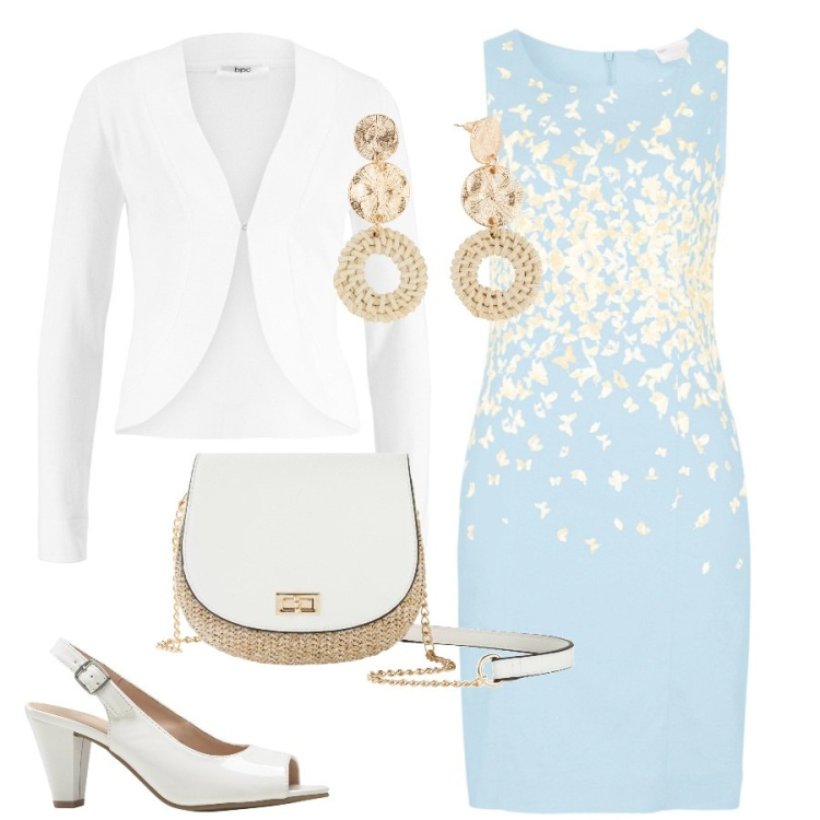 Outfit donna - Azzurro come il cielo d\'aprile. Stile Chic per Cerimonia. Abbinamento con orecchini, vestiti a tubino, blazer, décolleté, borse a tracolla.