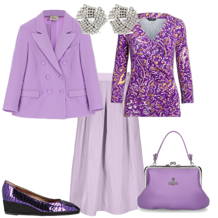 Outfit donna - Chic cerimonia o cena fuori. Stile Chic per Cerimonia. Abbinamento con espadrillas, blazer, top, gonne, borse a mano, orecchini.