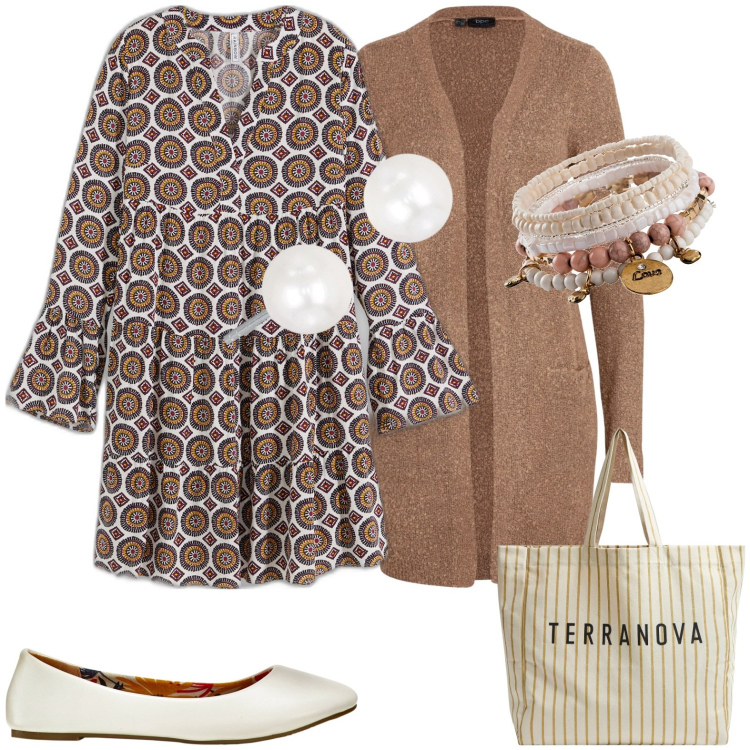 Outfit donna - Total look #1860168. Stile Casual per Tutti i giorni. Abbinamento con braccialetti, ballerine, cardigans, vestiti, borse tote, orecchini.
