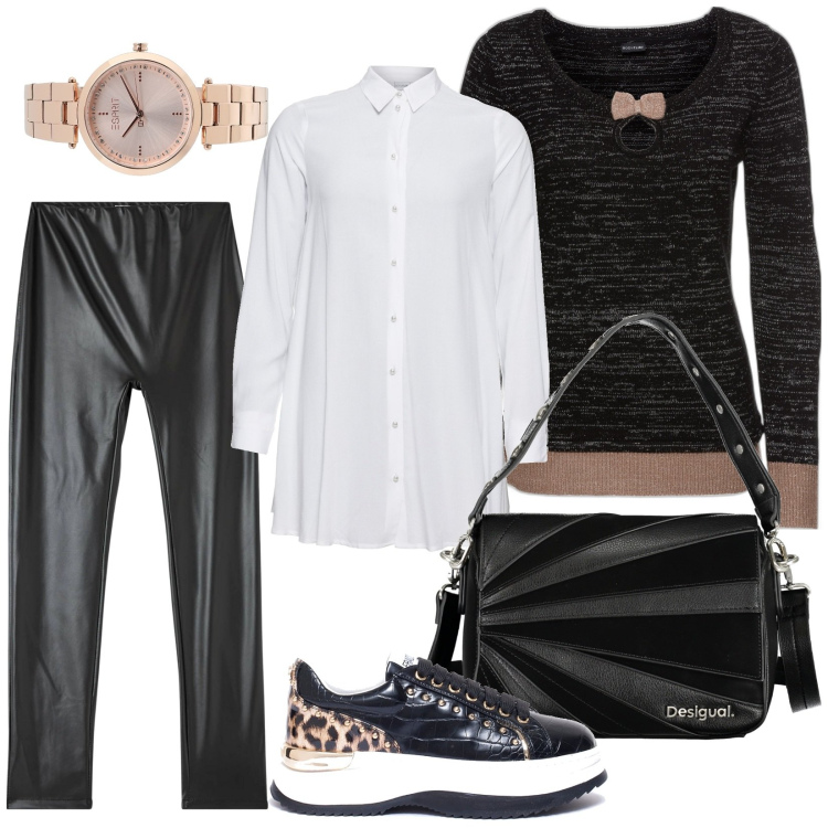 Outfit donna - Sempre bella. Stile Casual per Ufficio. Abbinamento con camicie, maglieria, orologi, treggings, sneakers, borse a spalla.