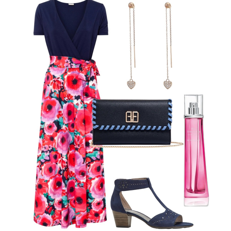Outfit donna - Total look #1860177. Stile Casual chic per Serata fuori. Abbinamento con vestiti, sandali col tacco, profumi, orecchini, pochette.