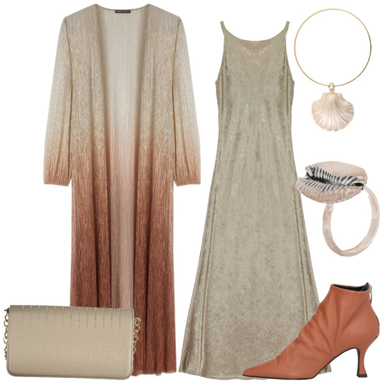 Outfit donna - Pranzo elegante. Stile Chic per Tutti i giorni. Abbinamento con stivaletti, anelli, vestiti lunghi, braccialetti, borse a tracolla, cardigans.