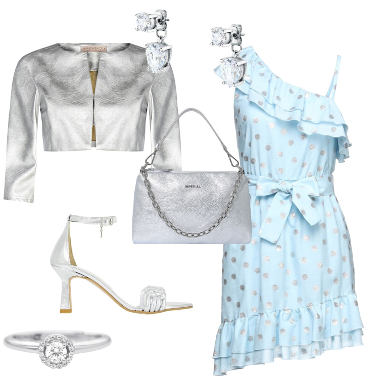 Outfit donna - Romantica glam serata al mare. Stile Romantica per Serata fuori. Abbinamento con vestiti corti, orecchini, anelli, bolero, pochette, décolleté.