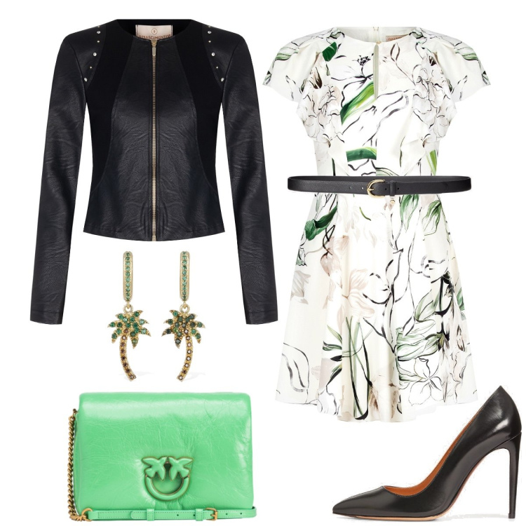 Outfit donna - Palme. Stile Chic per Tutti i giorni. Abbinamento con borse a tracolla, vestiti corti, blazer, cinture, décolleté, orecchini.