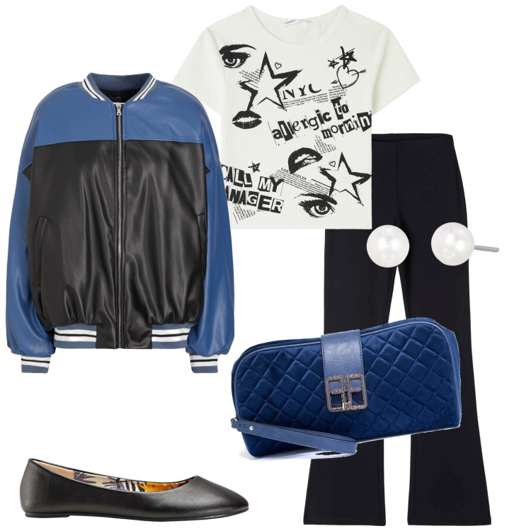 Outfit donna - Serata con le amiche. Stile Casual per Serata fuori. Abbinamento con ballerine, blazer, pantaloni, t-shirt, orecchini, pochette.