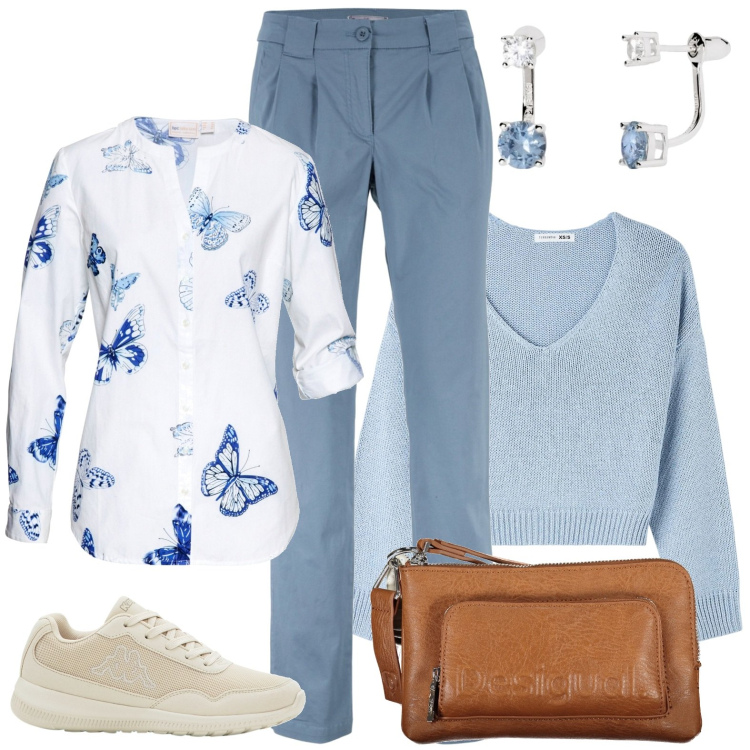 Outfit donna - Romantica azzurro polvere. Stile Casual chic per Tutti i giorni. Abbinamento con pantaloni chino, camicie, sneakers, maglieria, orecchini, borse a tracolla.
