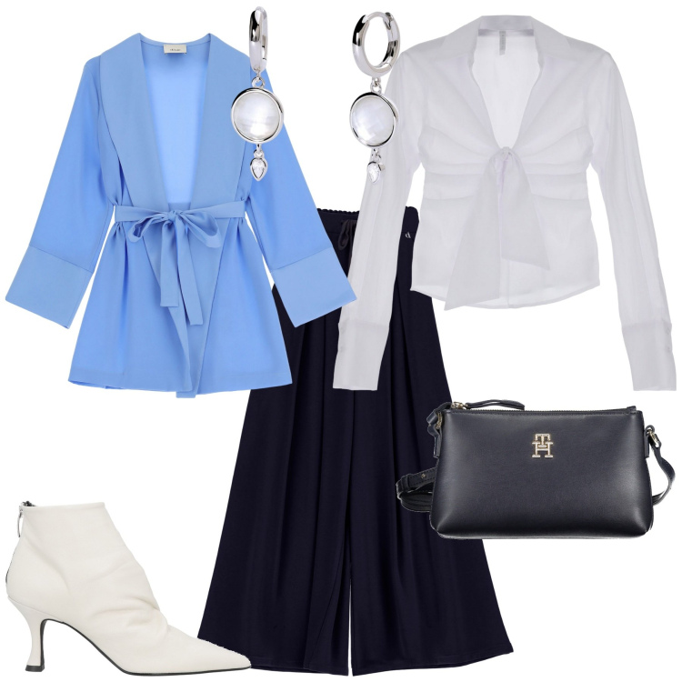 Outfit donna - Chic cerimonia serata fuori. Stile Chic per Cerimonia. Abbinamento con stivaletti, orecchini, camicie, pantaloni a palazzo, blazer, borse a tracolla.