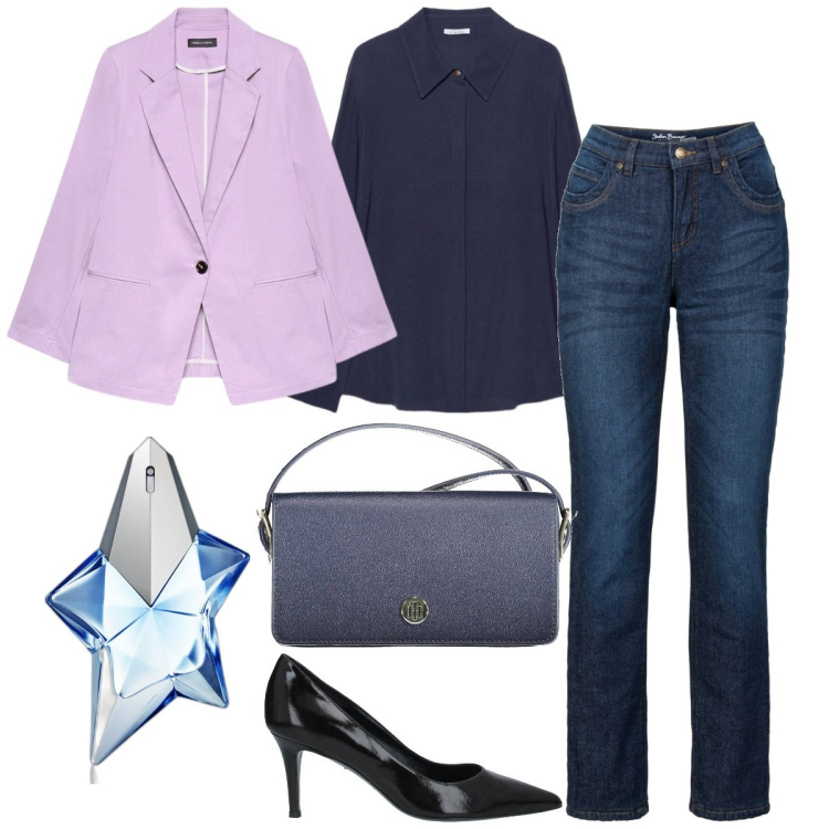 Outfit donna - Sopra la 50. Stile Casual chic per Serata fuori. Abbinamento con jeans dritti, décolleté, profumi, camicie, blazer, borse a spalla.