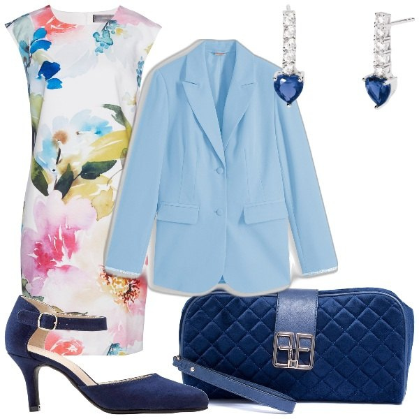 Outfit donna - Un blazer chiaro per la primavera. Stile Glamour per Cerimonia. Abbinamento con décolleté, vestiti a tubino, blazer, orecchini, pochette.