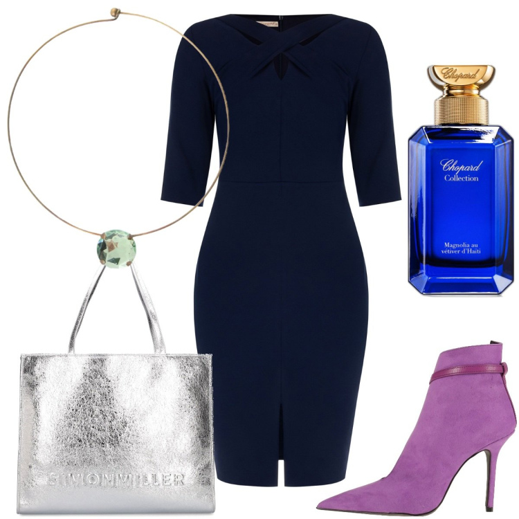 Outfit donna - Sopra la 50 - il tubino blu. Stile Chic per Serata fuori. Abbinamento con stivaletti, profumi, vestiti a tubino, ciondoli, shopping bag.