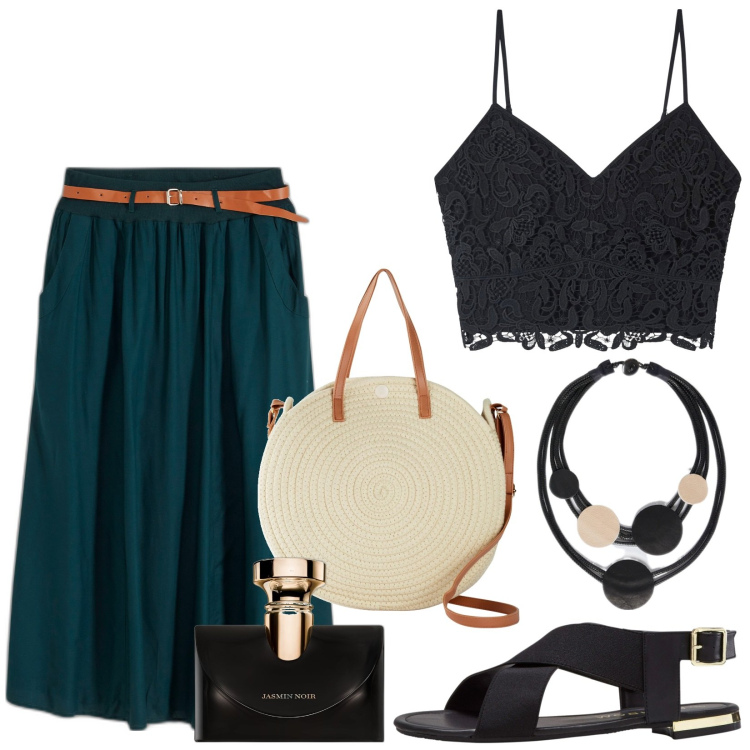 Outfit donna - Total look #1860247. Stile Boho per Tutti i giorni. Abbinamento con gonne lunghe, sandali, shopping bag, profumi, top, collane.