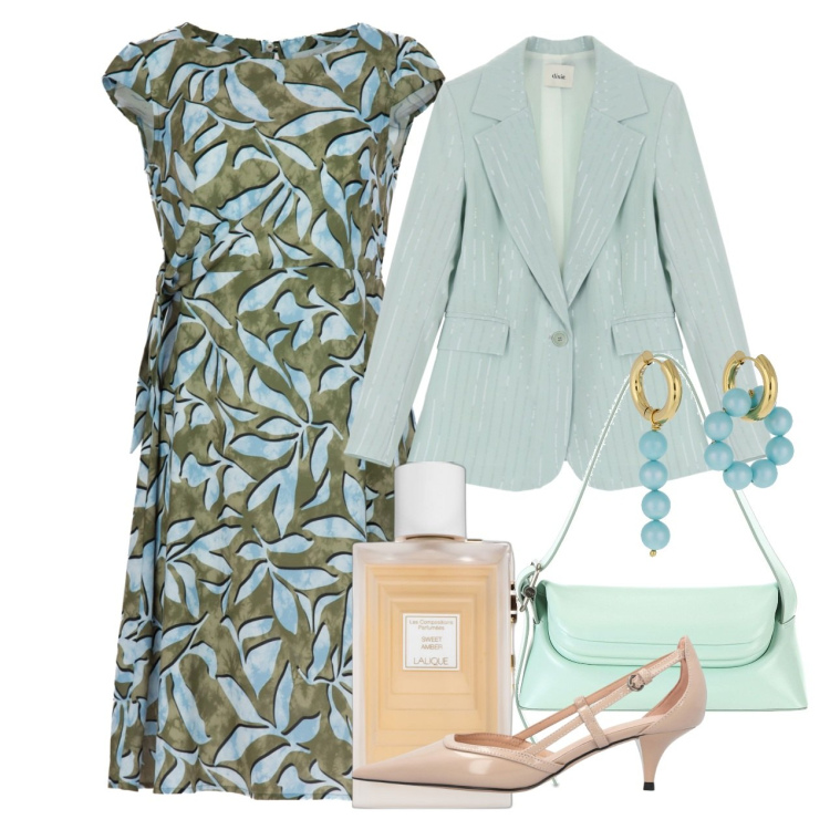Outfit donna - Aria profumata. Stile Chic per Cerimonia. Abbinamento con profumi, décolleté, blazer, vestiti midi/longuette, borse a spalla, orecchini.