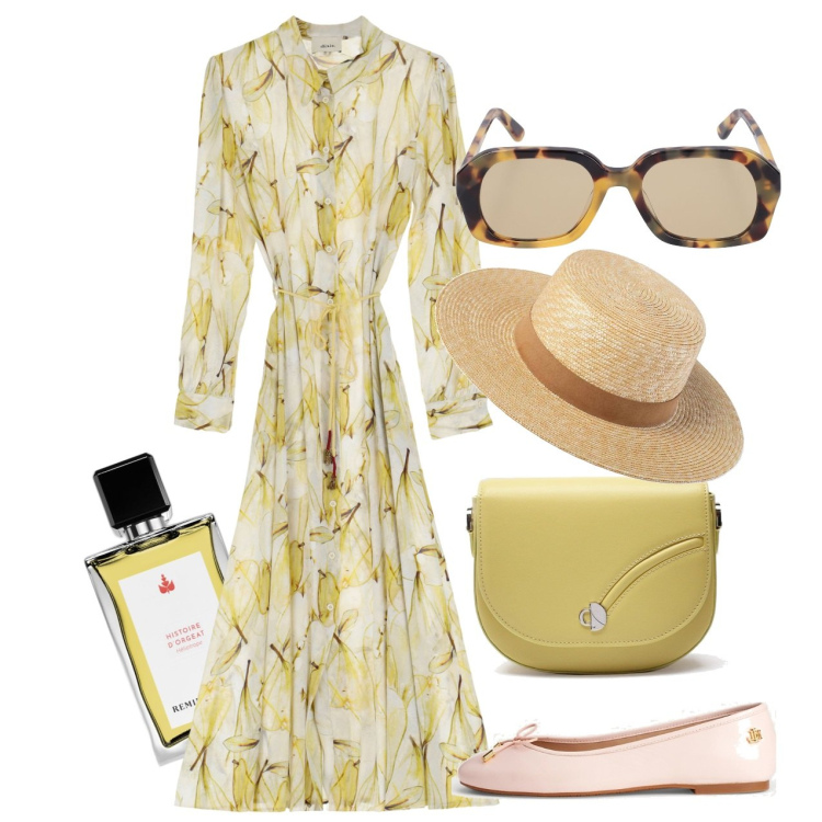 Outfit donna - In luna di miele. Stile Bon Ton per Tutti i giorni. Abbinamento con profumi, vestiti midi/longuette, ballerine, occhiali da sole, cappelli, borse a tracolla.