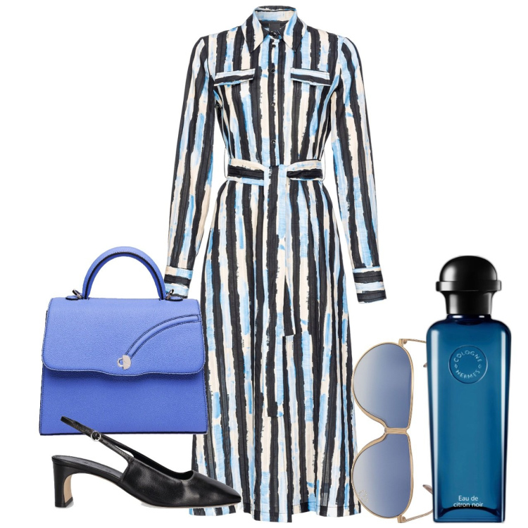 Outfit donna - Bon ton a righe. Stile Bon Ton per Ufficio. Abbinamento con profumi, vestiti chemisier, occhiali da sole, scarpe col tacco, borse a mano.
