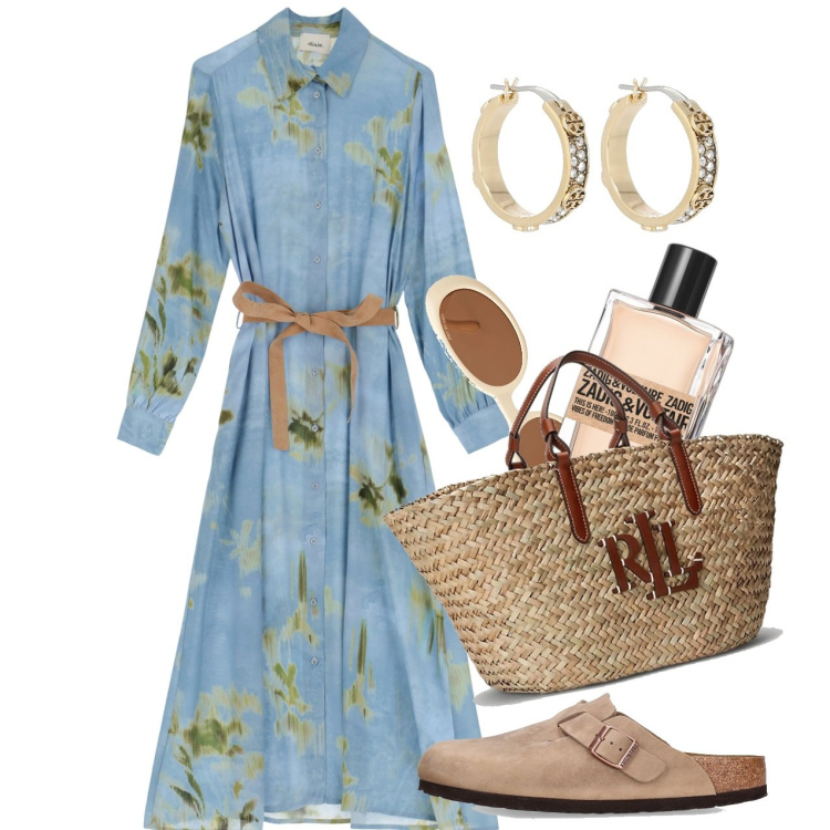 Outfit donna - Col mio profumo in borsa. Stile Bon Ton per Tutti i giorni. Abbinamento con profumi, vestiti midi/longuette, borse tote, sandali in pelle, orecchini, occhiali da sole.