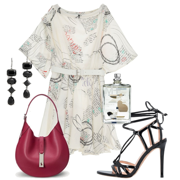 Outfit donna - Lacci alle caviglie. Stile Chic per Tutti i giorni. Abbinamento con profumi, sandali in pelle, vestiti corti, borse a spalla, orecchini.