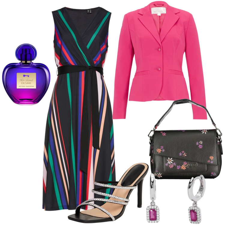 Outfit donna - Abito attraente a righe colorate. Stile Chic per Tutti i giorni. Abbinamento con vestiti, blazer, profumi, sandali col tacco, orecchini, borse a spalla.
