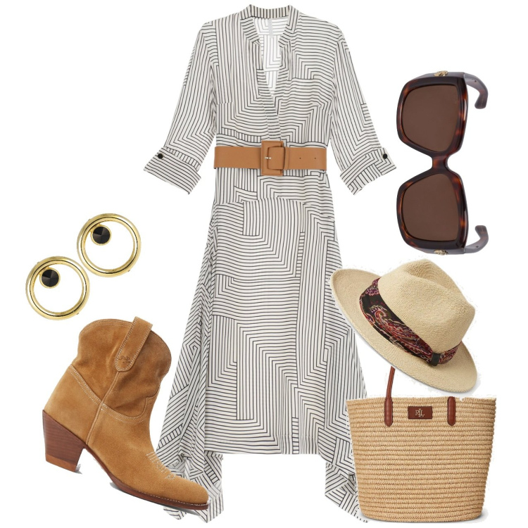 Outfit donna - Passeggiata. Stile Chic per Tutti i giorni. Abbinamento con vestiti asimmetrici, stivaletti, sciarpe, borse tote, occhiali da sole, orecchini.