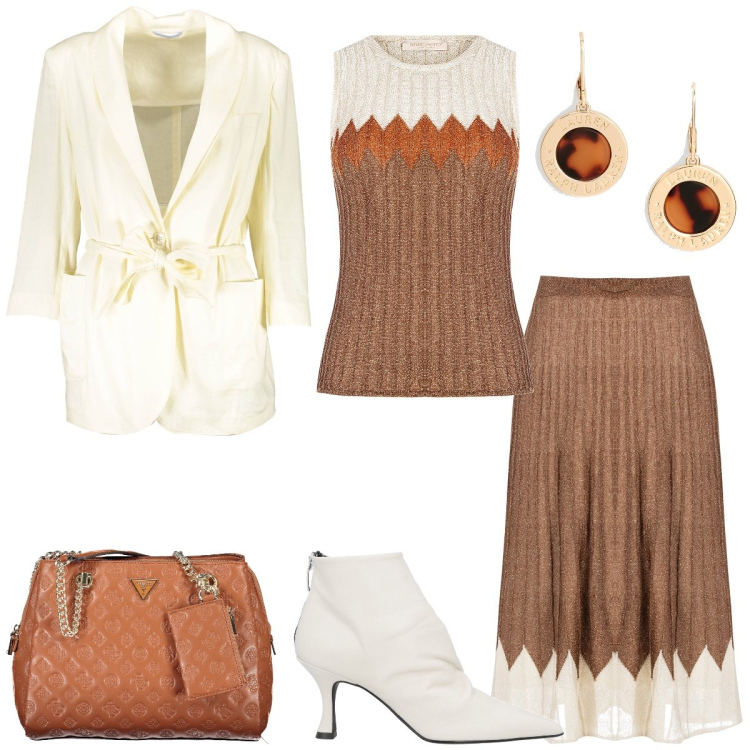 Outfit donna - Lurex. Stile Casual chic per Tutti i giorni. Abbinamento con stivaletti, top, gonne longuette, orecchini, borse a spalla, blazer.