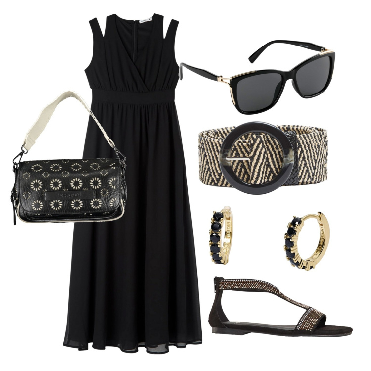 Outfit donna - Ghost outfitter - aprile. Stile Trendy per Tutti i giorni. Abbinamento con sandali, occhiali da sole, vestiti lunghi, cinture, orecchini, borse a spalla.