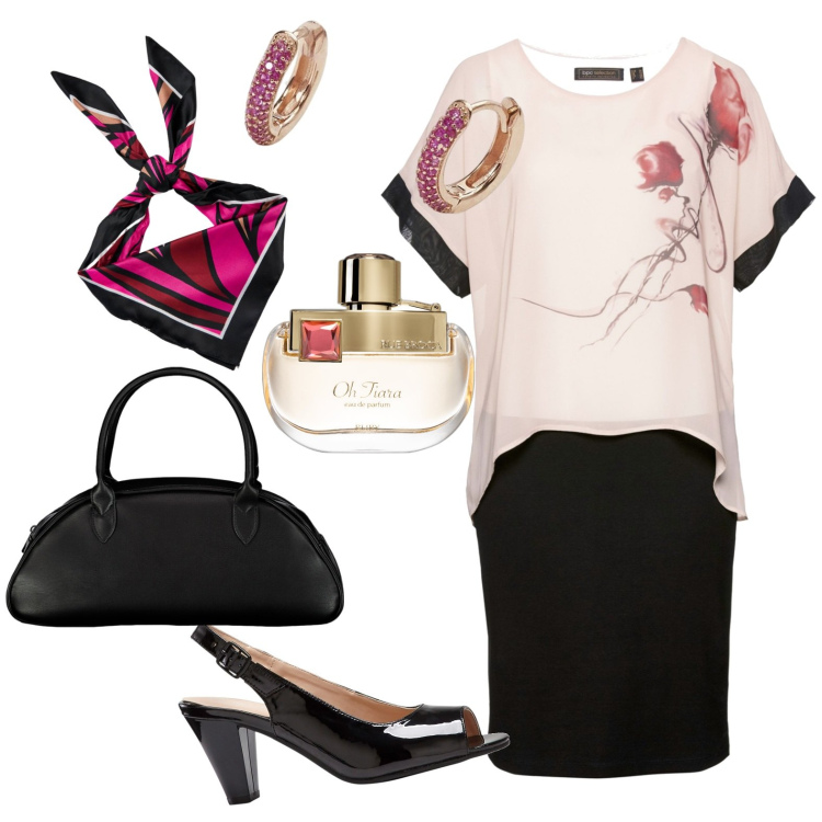Outfit donna - Serata. Stile Chic per Serata fuori. Abbinamento con vestiti, décolleté, profumi, foulard, orecchini, borse a spalla.