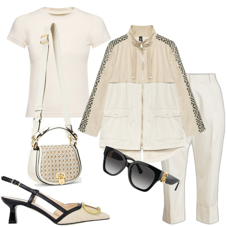 Outfit donna - Casual. Stile Casual per Tutti i giorni. Abbinamento con sandali in pelle, parka, occhiali da sole, pantaloni, borse a tracolla, t-shirt.