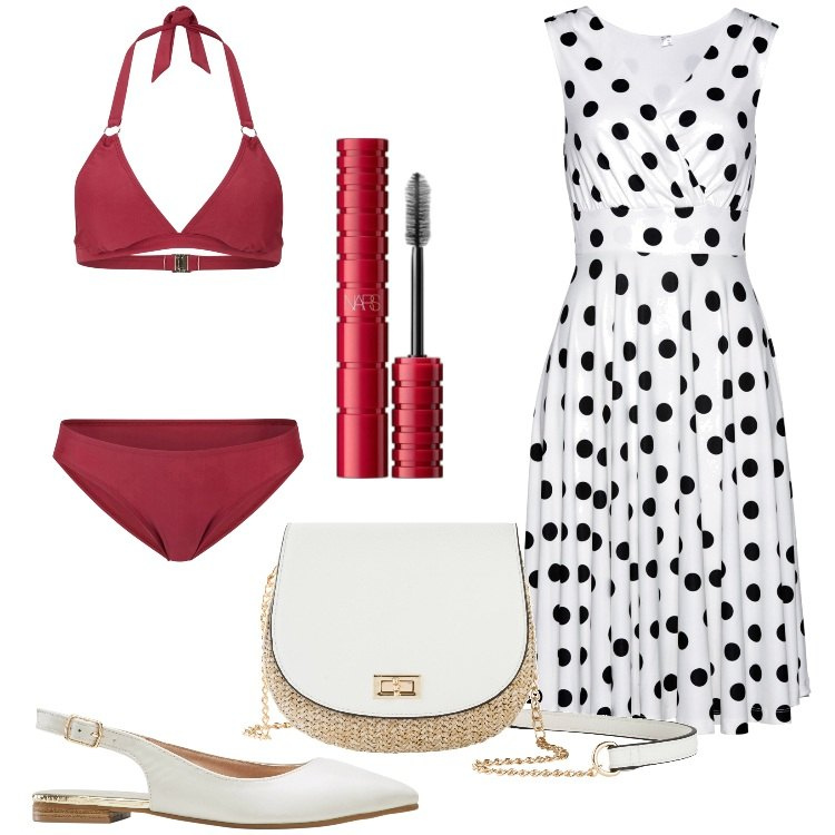 Outfit donna - Pois e rosso ciliegia. Stile Bon Ton per Mare. Abbinamento con vestiti, ballerine, borse a tracolla, bikini, mascara.