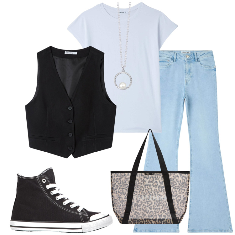 Outfit donna - In città. Stile Casual per Tutti i giorni. Abbinamento con sneakers alte, jeans a zampa, gilet, t-shirt, shopping bag, collane.