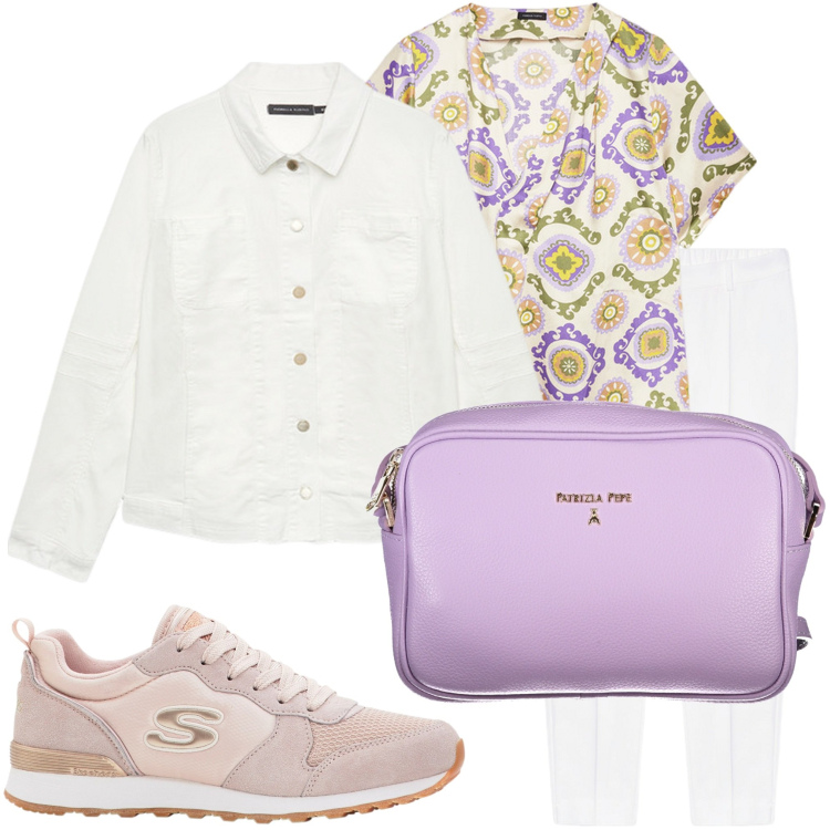 Outfit donna - In città. Stile Casual per Tutti i giorni. Abbinamento con sneakers, bluse, blazer, borse a tracolla, pantaloni.
