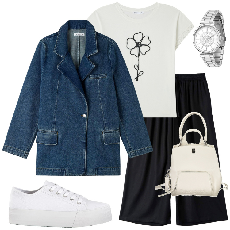 Outfit donna - In città. Stile Casual per Tutti i giorni. Abbinamento con sneakers, orologi, blazer, pantaloni a palazzo, t-shirt, zaini.