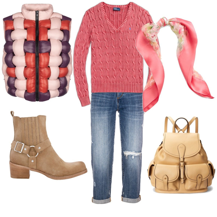 Outfit donna - Vestita a cipolla…. Stile Casual chic per Tutti i giorni. Abbinamento con jeans strappati, stivaletti, zaini, foulard, maglieria, piumini.