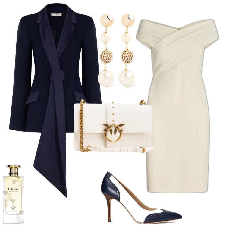 Outfit donna - Bon ton serata elegante. Stile Bon Ton per Serata fuori. Abbinamento con profumi, borse a tracolla, blazer, vestiti, décolleté, orecchini.