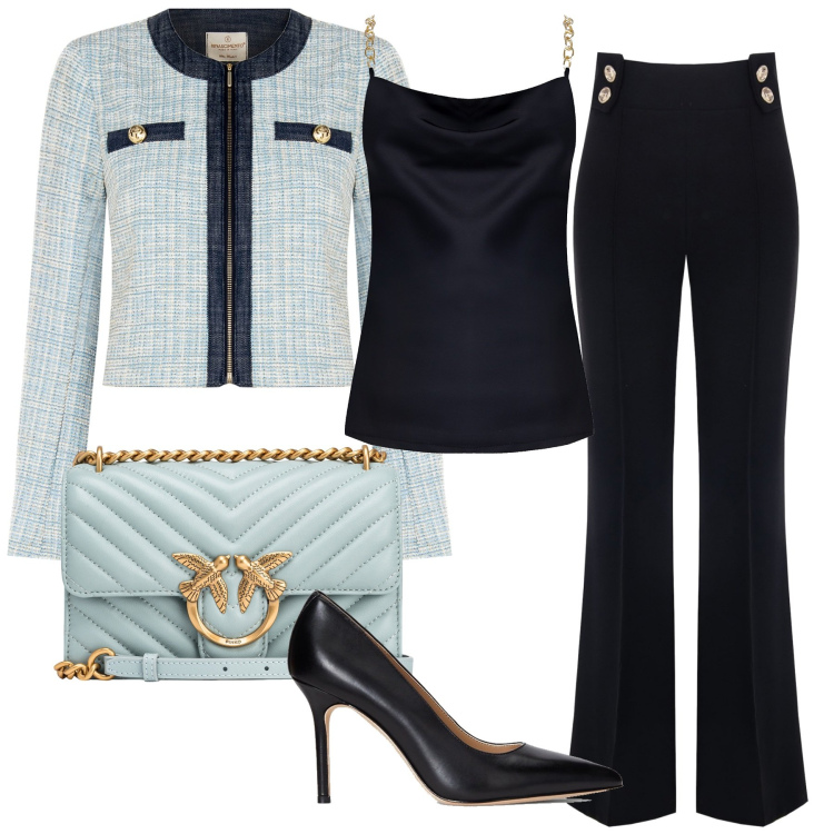 Outfit donna - Cerimonia in primavera. Stile Chic per Cerimonia. Abbinamento con borse a tracolla, blazer, pantaloni a palazzo, top, décolleté.