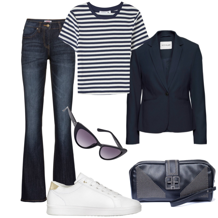 Outfit donna - Jeans e blazer in blu. Stile Casual per Tutti i giorni. Abbinamento con jeans bootcut, blazer, sneakers, t-shirt, pochette, occhiali da sole.