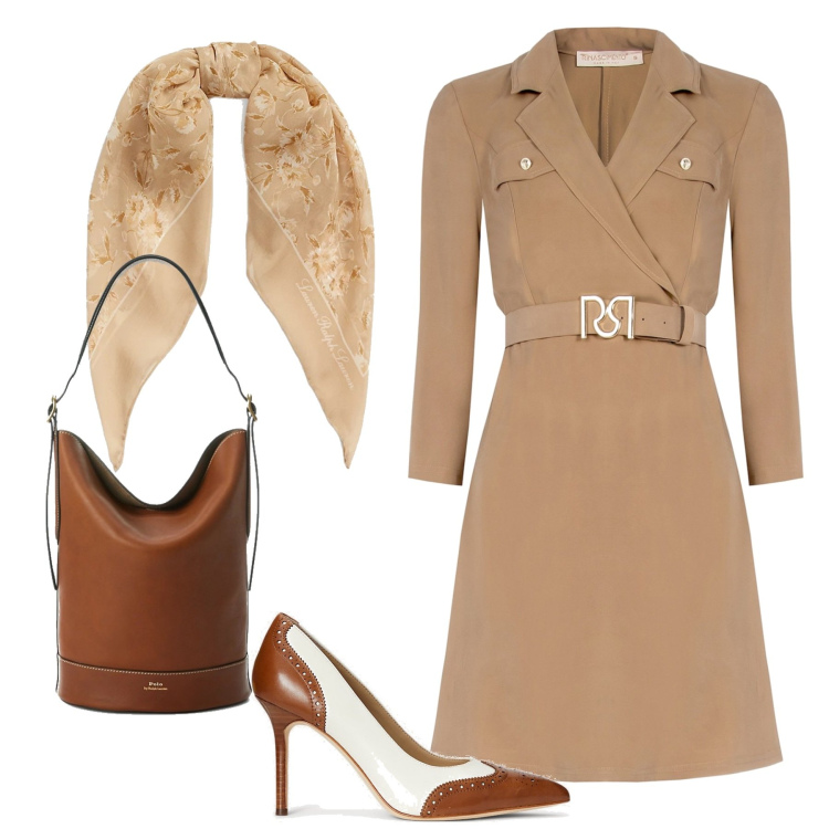Outfit donna - Evento di primavera. Stile Trendy per Cerimonia. Abbinamento con vestiti chemisier, décolleté, borse a secchiello, foulard.