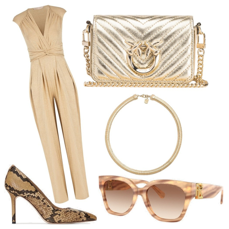 Outfit donna - Tuta per um battesimo. Stile Chic per Cerimonia. Abbinamento con borse a tracolla, tute, occhiali da sole, décolleté, collane.