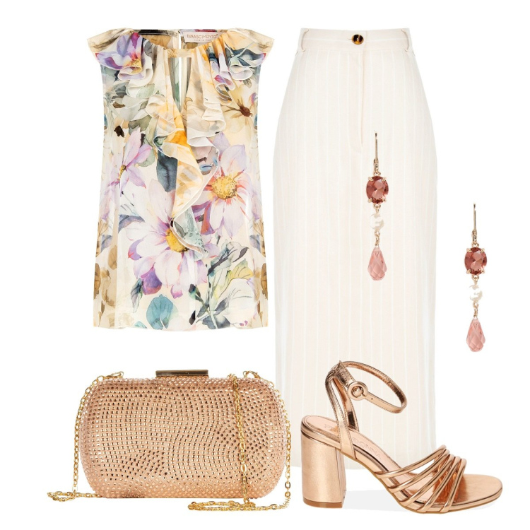 Outfit donna - Mi faccio un regalo. Stile Bon Ton per Cerimonia. Abbinamento con gonne lunghe, bluse, clutch, sandali col tacco, orecchini.
