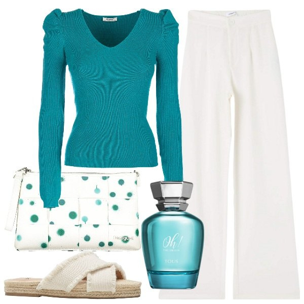 Outfit donna - acqua. Stile Casual per Tutti i giorni. Abbinamento con ciabatte, profumi, pantaloni, maglieria, borse a spalla.