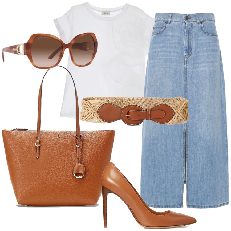Outfit donna - La gonna di jeans. Stile Casual chic per Tutti i giorni. Abbinamento con borse tote, occhiali da sole, décolleté, cinture, t-shirt, gonne longuette.