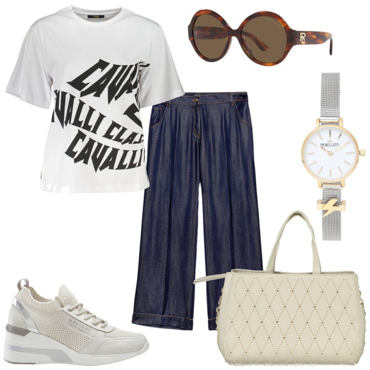 Outfit donna - In città per shopping. Stile Casual per Tutti i giorni. Abbinamento con sneakers, orologi, occhiali da sole, jeans dritti, borse a spalla, t-shirt.