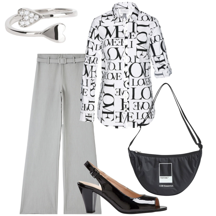 Outfit donna - Total look #1860409. Stile Glamour per Ufficio. Abbinamento con camicie, décolleté, marsupi, pantaloni, anelli.