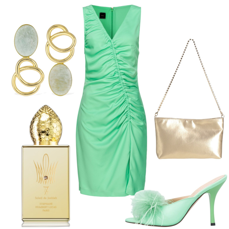 Outfit donna - In sabot. Stile Chic per Cerimonia. Abbinamento con borse a mano, profumi, vestiti asimmetrici, sandali in pelle, orecchini.