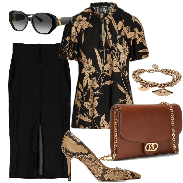 Outfit donna - l\'ufficio chic. Stile Chic per Ufficio. Abbinamento con braccialetti, gonne longuette, occhiali da sole, top, borse a tracolla, décolleté.