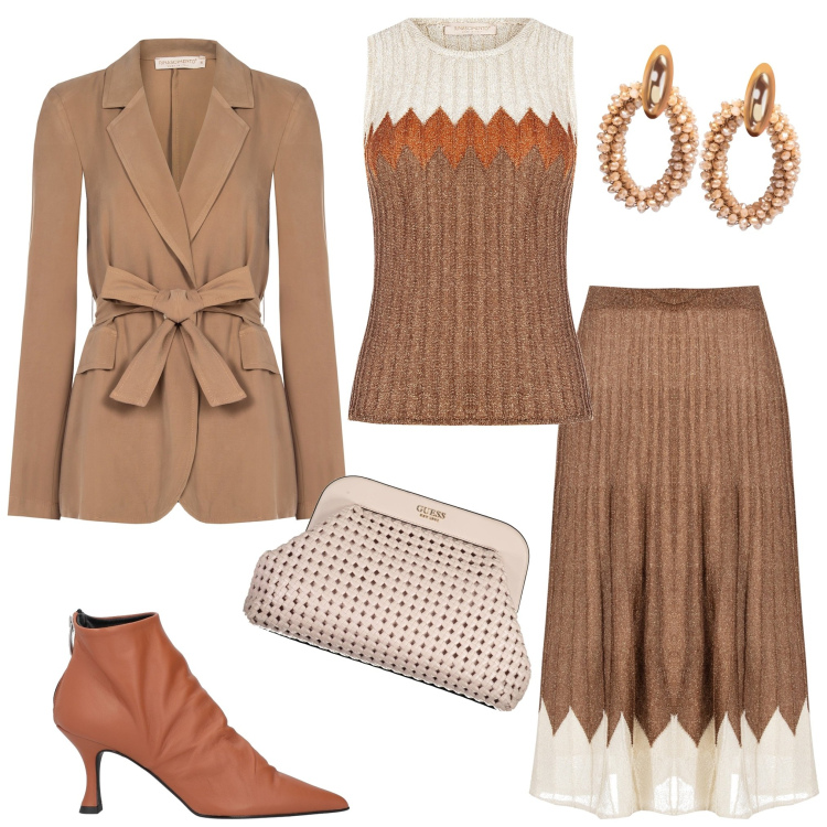 Outfit donna - Cerimonia con Rinascimento. Stile Chic per Cerimonia. Abbinamento con stivaletti, orecchini, gonne longuette, top, blazer, borse a mano.