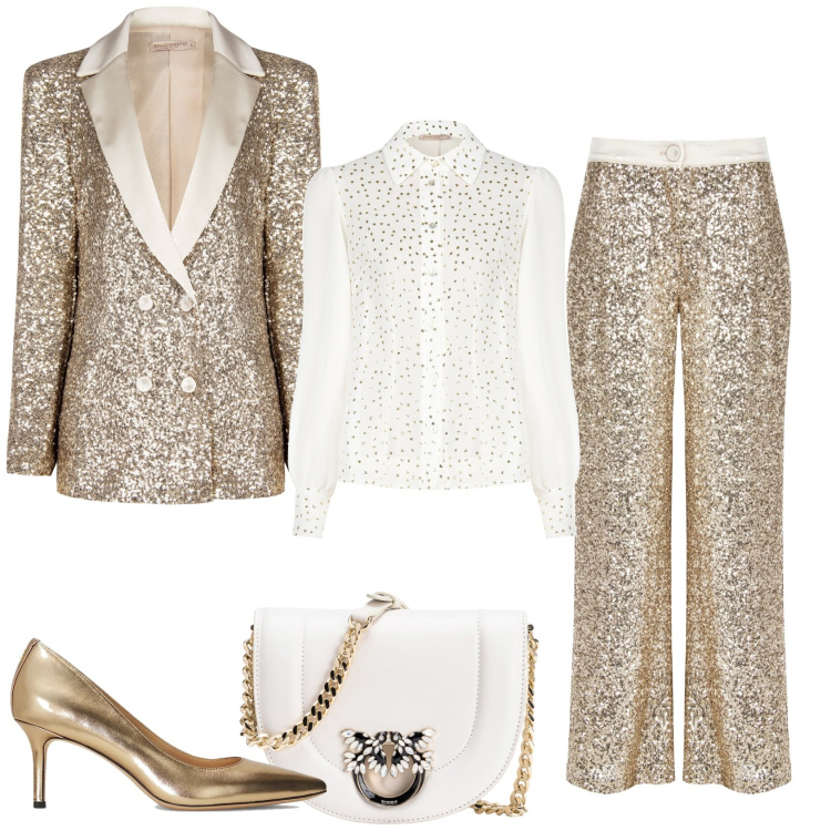 Outfit donna - Matrimonio all\'imbrunire.. Stile Glamour per Cerimonia. Abbinamento con borse a tracolla, camicie, blazer, pantaloni a palazzo, décolleté.