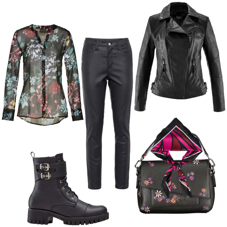Outfit donna - Rock con i fiori. Stile Rock per Serata fuori. Abbinamento con blazer, pantaloni skinny, stivaletti, camicie, foulard, borse a spalla.