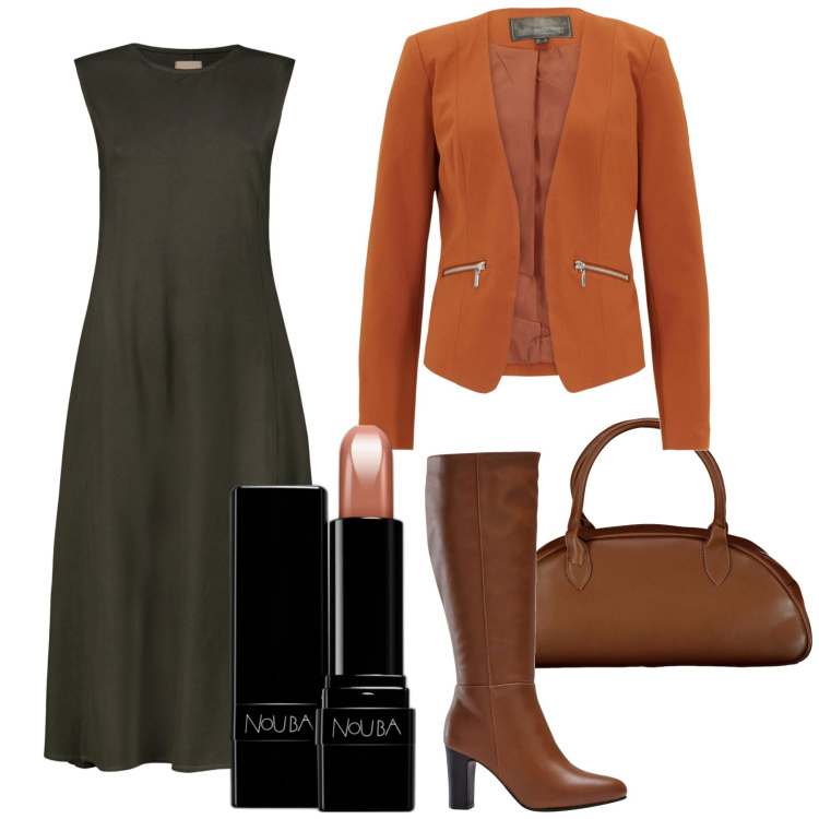 Outfit donna - Total look #1860443. Stile Casual per Ufficio. Abbinamento con blazer, stivali, rossetti, vestiti midi/longuette, borse a spalla.