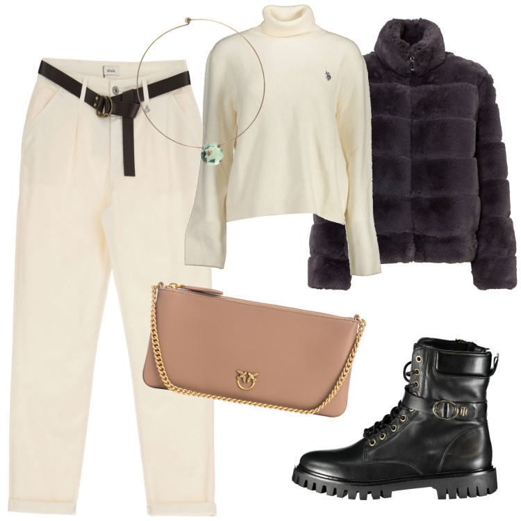 Outfit donna - Total look #1860455. Stile Casual chic Abbinamento con ecopellicce, borse a tracolla, pantaloni, ciondoli, stivali, maglieria.