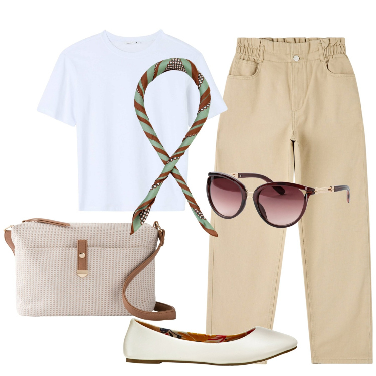 Outfit donna - Easy. Stile Minimal per Tutti i giorni. Abbinamento con occhiali da sole, ballerine, borse a tracolla, pantaloni, t-shirt, foulard.